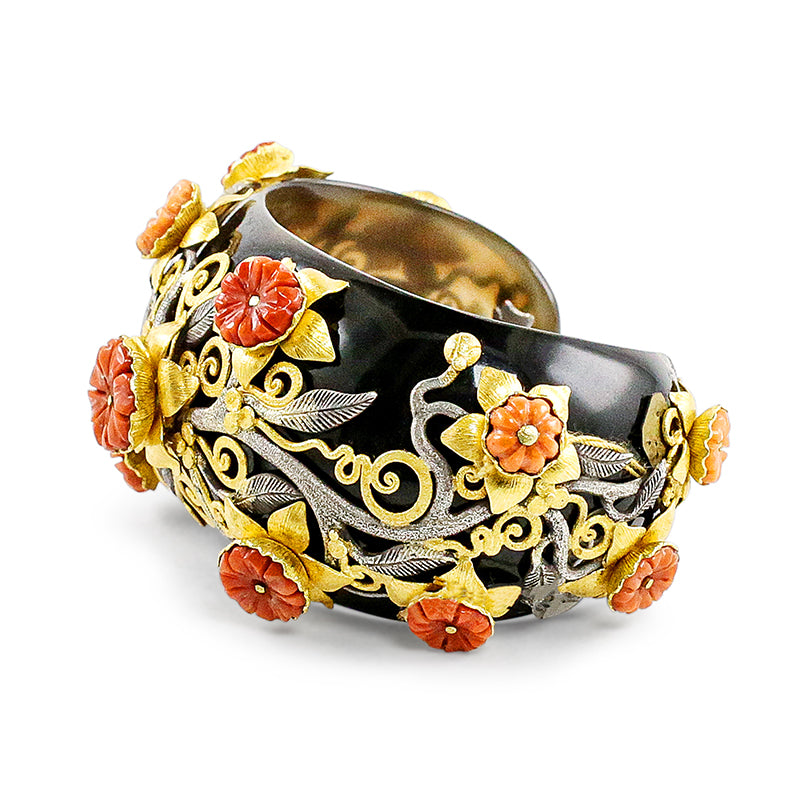 "Rundu Flower" Cuff Bracelet (Buffalo Horn, Coral, Sterling Silver, 22K Gold)