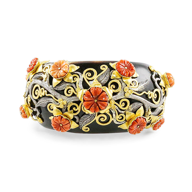 "Rundu Flower" Cuff Bracelet (Buffalo Horn, Coral, Sterling Silver, 22K Gold)