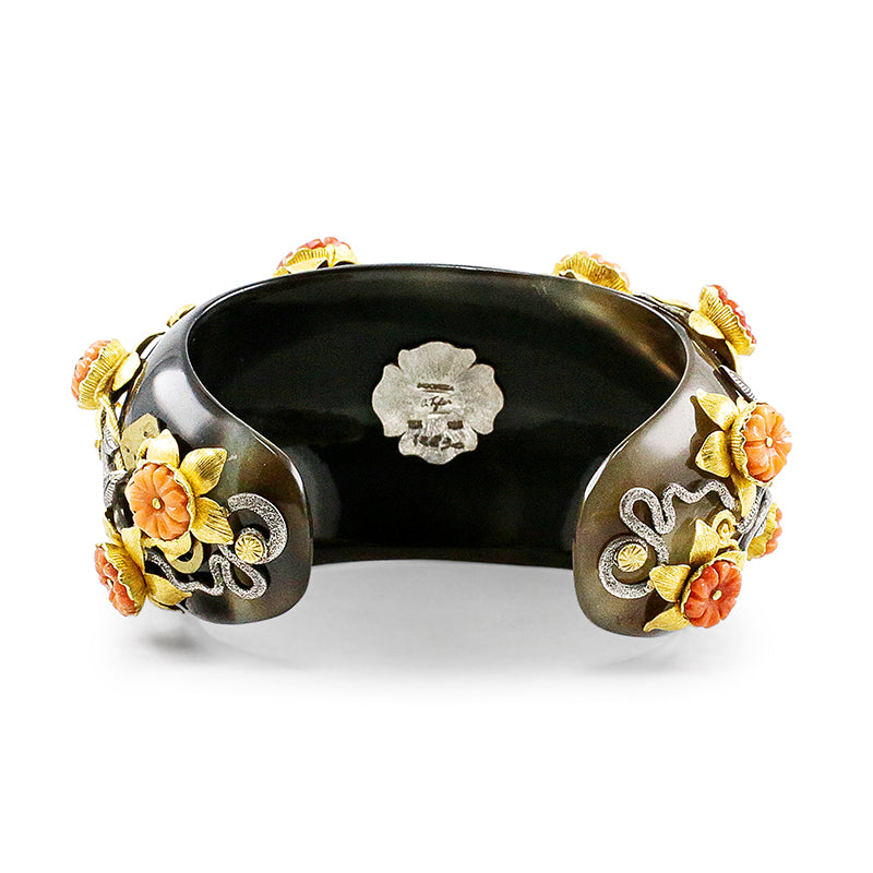 "Rundu Flower" Cuff Bracelet (Buffalo Horn, Coral, Sterling Silver, 22K Gold)