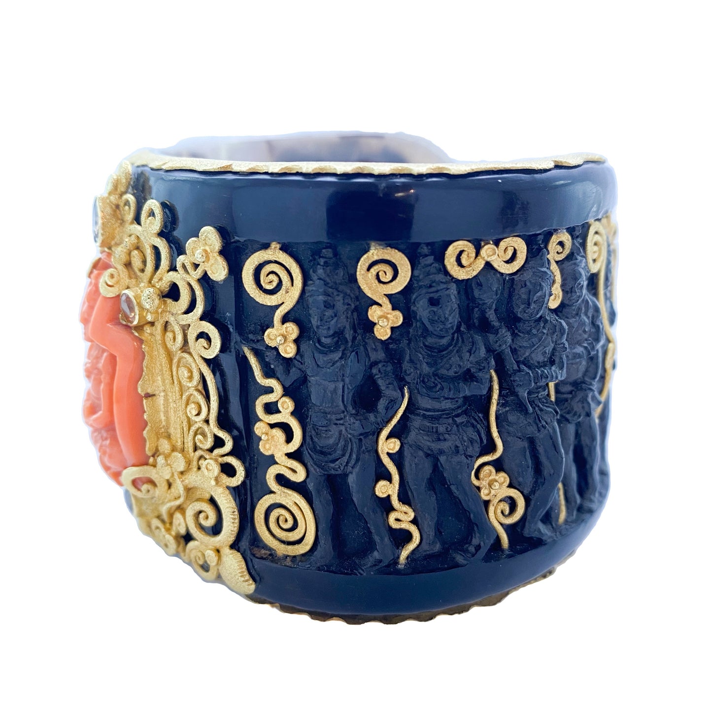 "Bagan" Cuff Bracelet (Black and Orange Coral Set with Gems, 22k Gold)