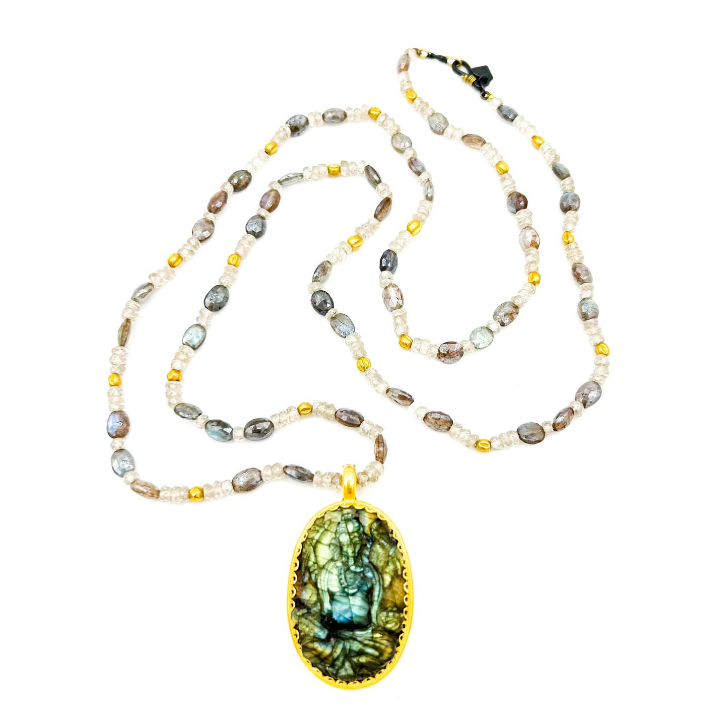 "Deidre Ganesh" Pendant (Carved Labradorite, 22k, 18k Gold)