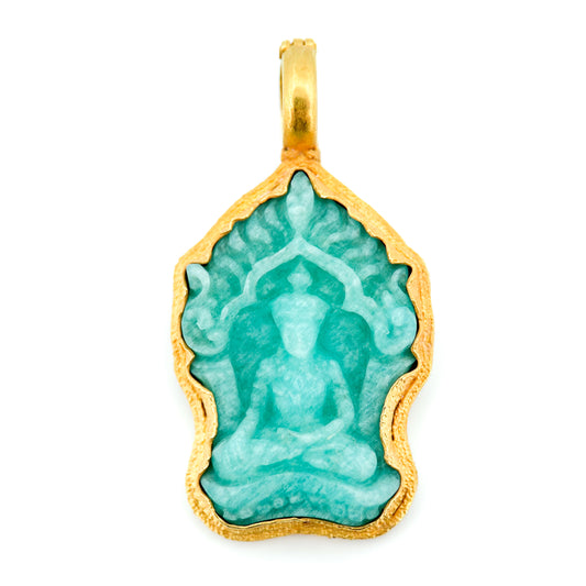 "Buddha Shrine" Pendant (Hand-carved Amazonite, 22k, 18k Gold)