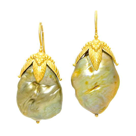 "Sri Lanka" Hook Earrings (Green Freshwater Baroque Pearls, 22k, 18k Gold)