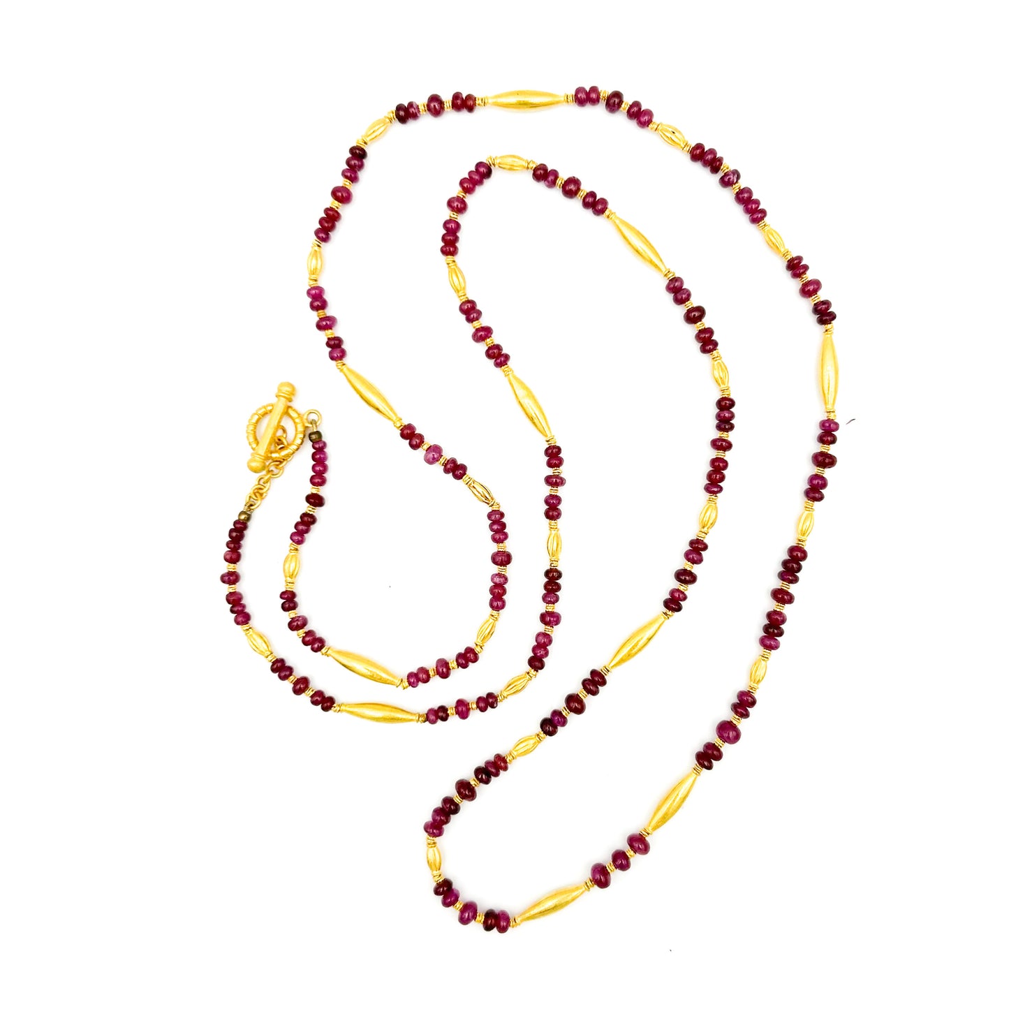 "Long Lola" Necklace (Ruby Beads, 22k, 18k Gold)