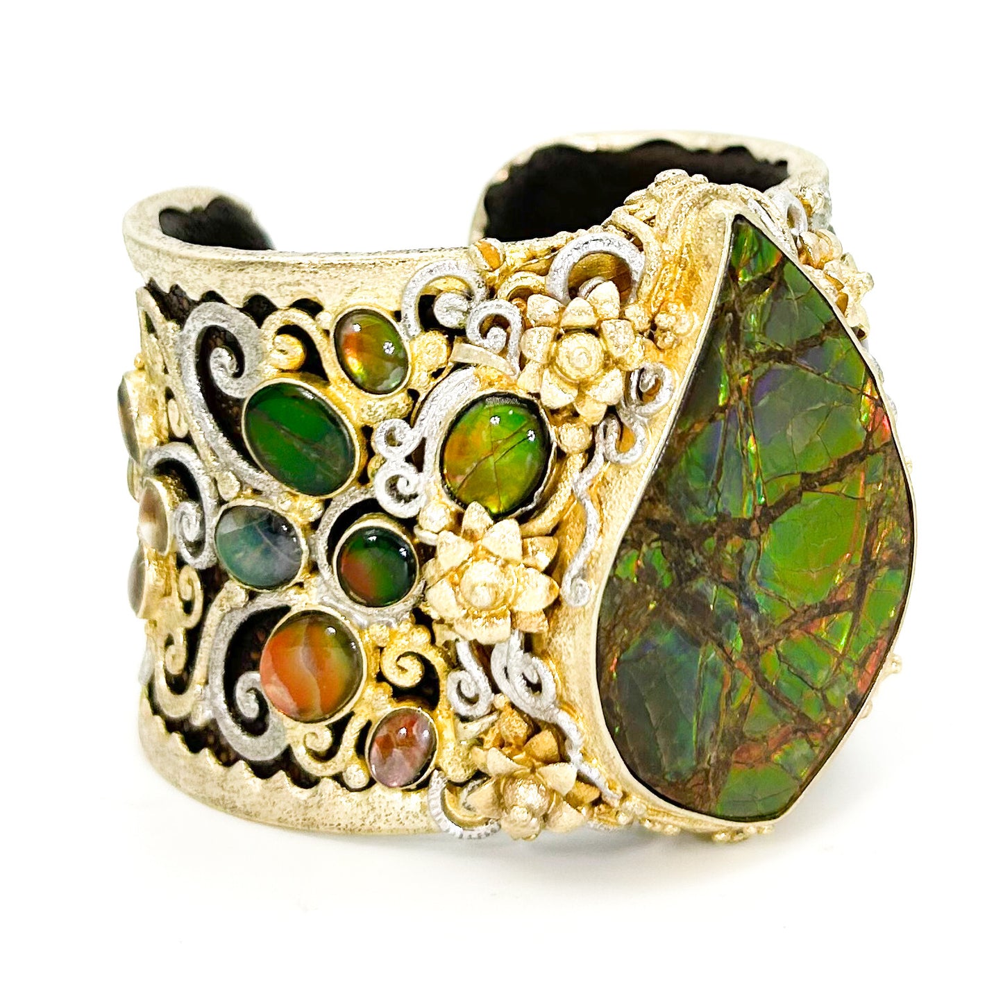 "Ammonita Arabesque" Bracelet (Ammolite, Sterling Silver, 22k Gold Vermeil, Leather)