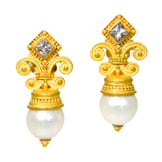 "Fleur de Lys" Earrings (White Freshwater Pearl, White Sapphire, 22k Gold)