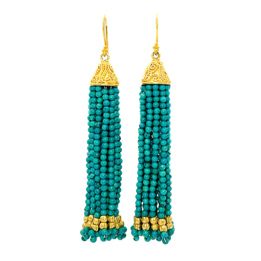 "Neptune Tassel" earrings (Chinese Turquoise Beads, 22k, 18k Beads)