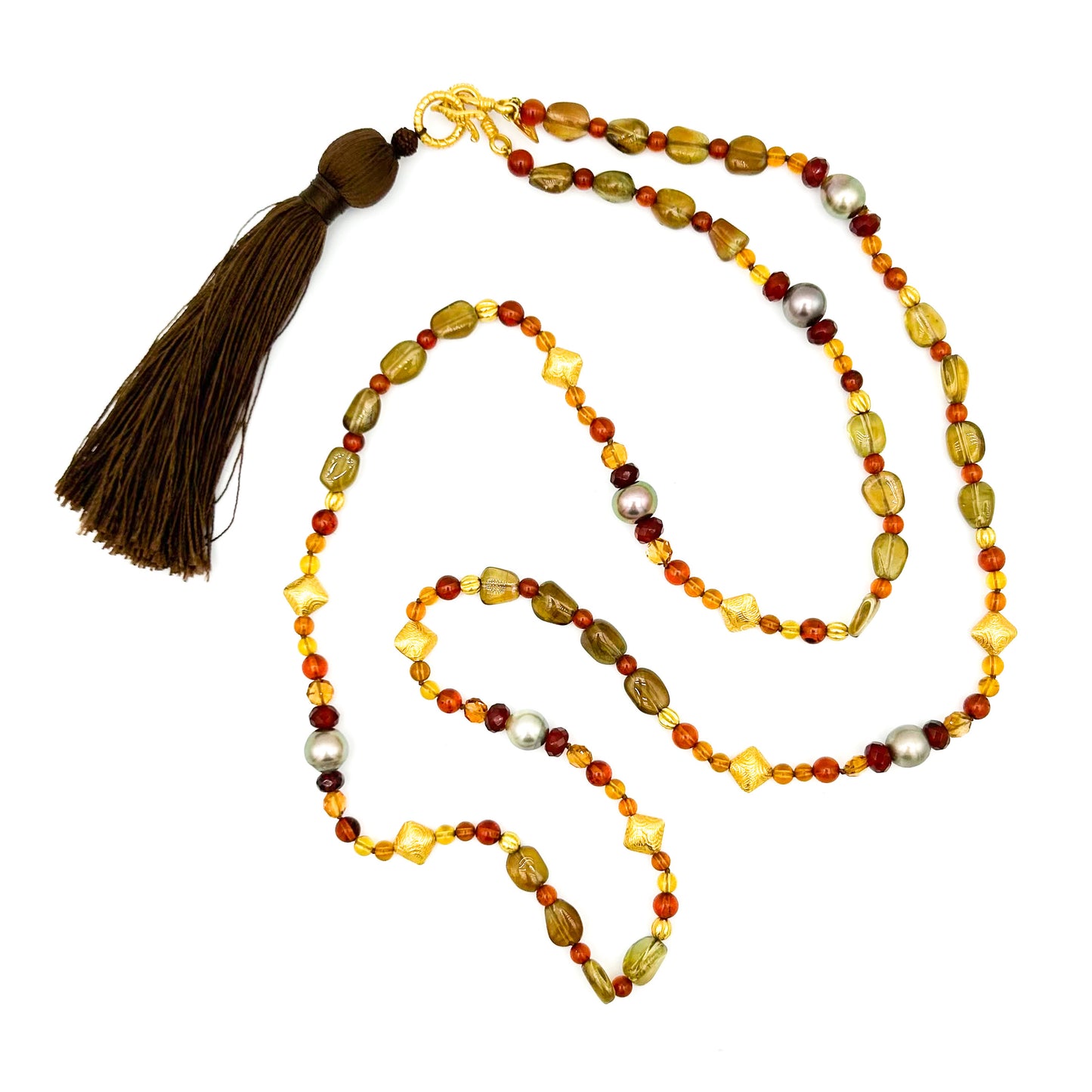 "Kerala" Necklace (Amber, Tahitian Pearl, Garnet, Citrine, 22k, 18k Gold)