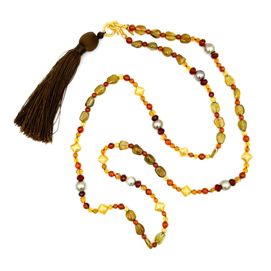 "Kerala" Necklace (Amber, Tahitian Pearl, Garnet, Citrine, 22k, 18k Gold)
