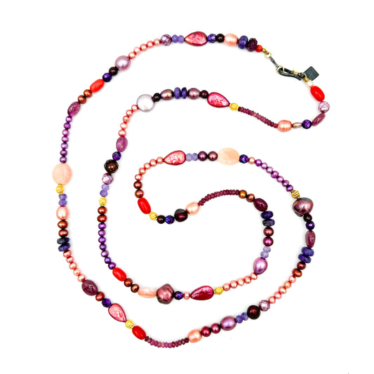 "Woodstock" Necklace (Pink Opal, Pearl, Ruby, Sugilite, Coral, Garnet, Tourmaline, Amethyst, 22k, 18k Gold, Oxidized Sterling Silver
