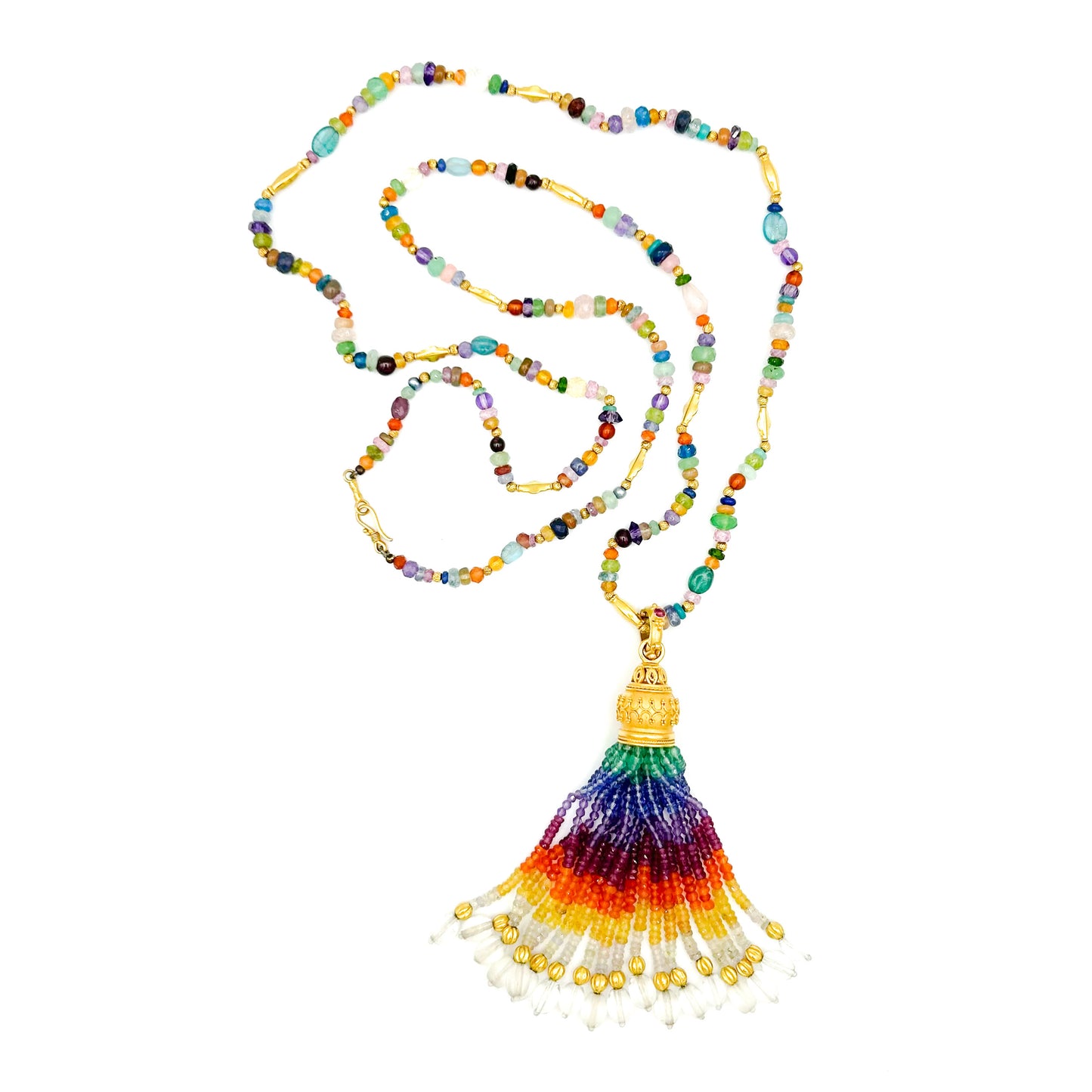"Tradisi Rainbow" Tassel Pendant (Sapphire, Tanzanite, Carnelian, Apatite, Quartz, Ruby, Amethyst, 22k, 18k Gold)