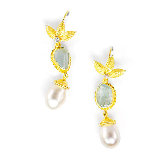 "Honey Flower Fishnet" Hook Earrings (Aquamarine, Tahitian Pearl, 18k, 22k Gold)