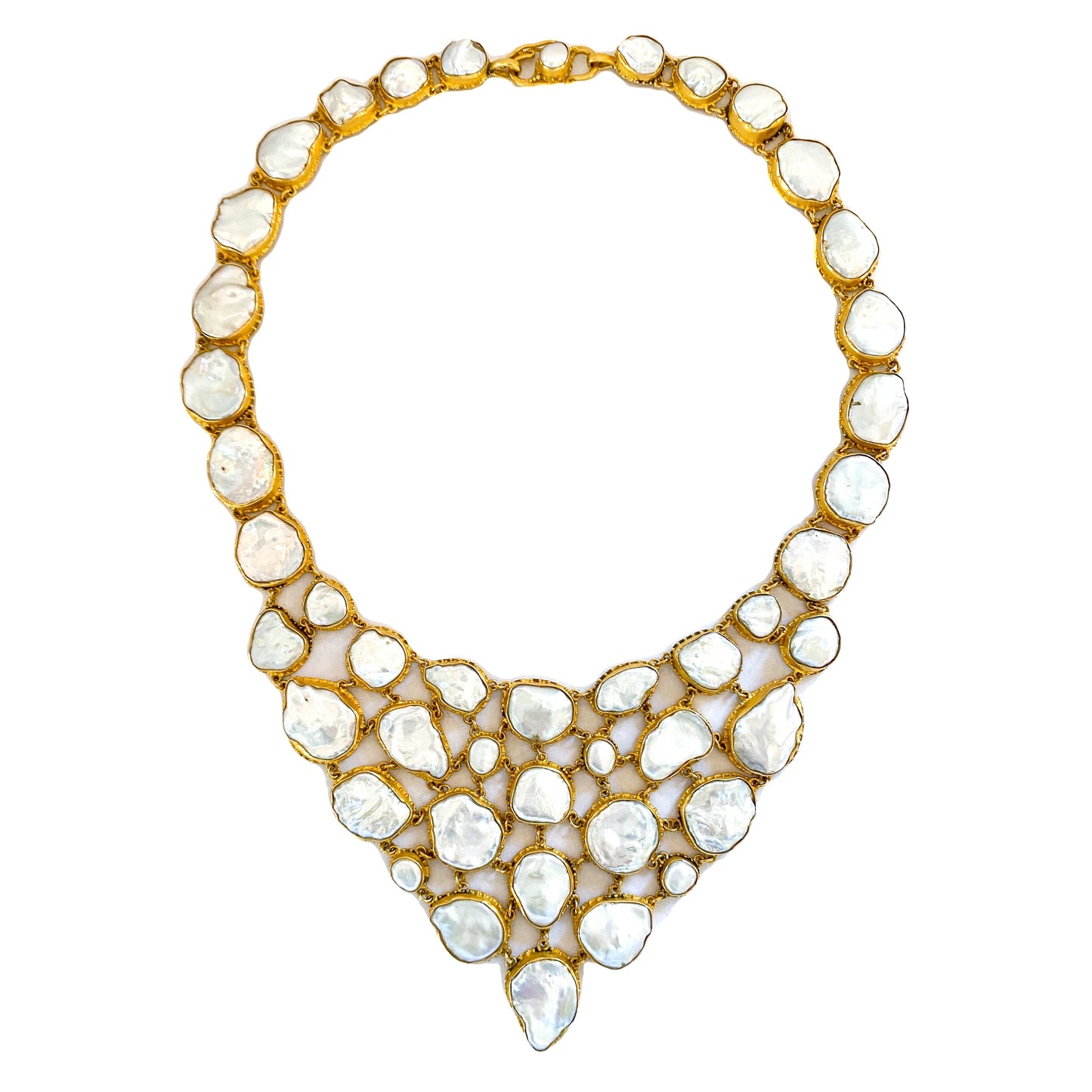 "Luna Fishnet" Bib Necklace (White Keshi Pearl, 22k Gold)