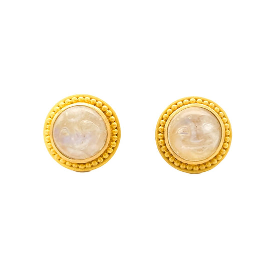 "Moonface Stud" Earrings (Rainbow Moonstone, 22k Gold)