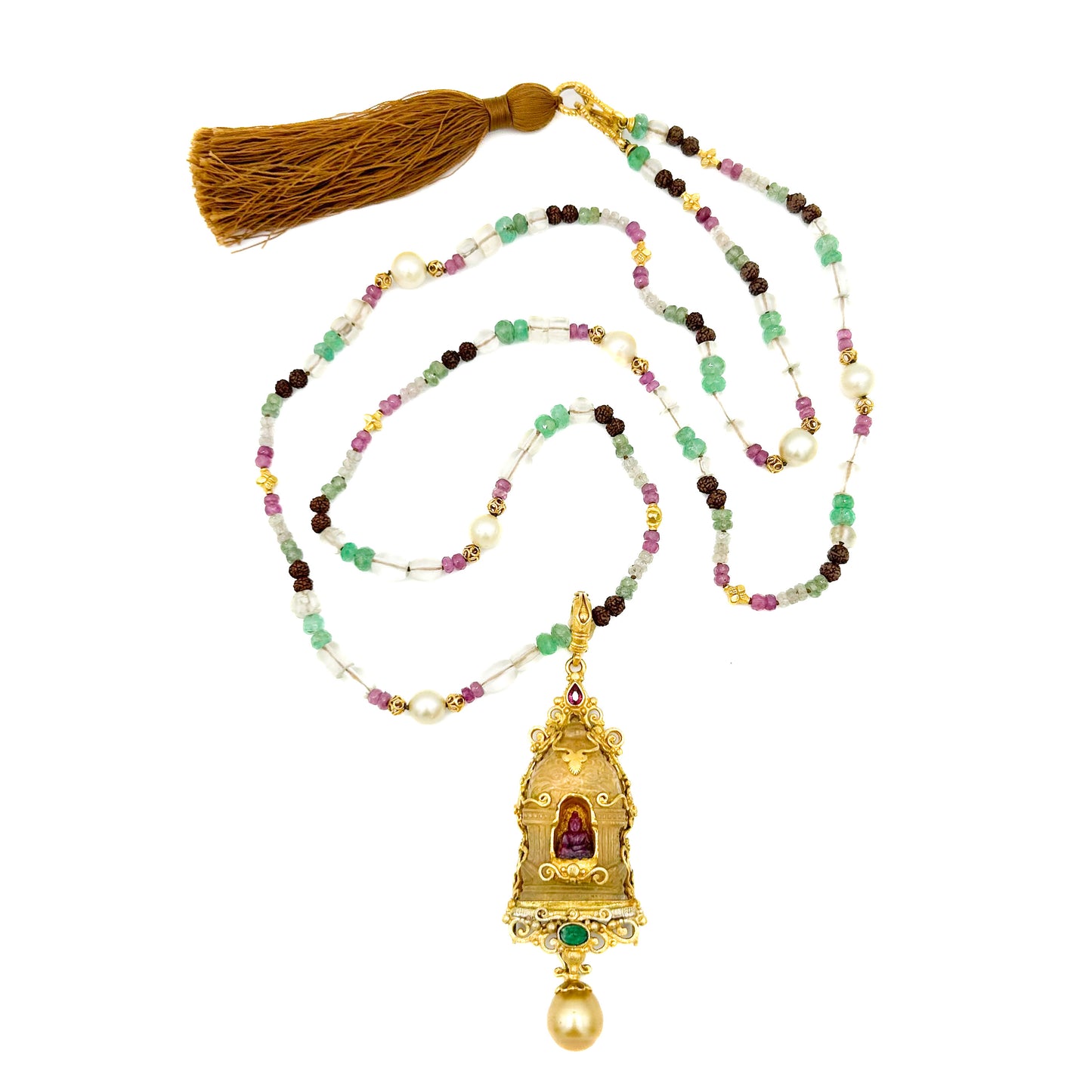 "Candi Buddha" Pendant (Quartz Crystal, Ruby, Emerald, Pearl, 22k Gold, Sterling Silver)