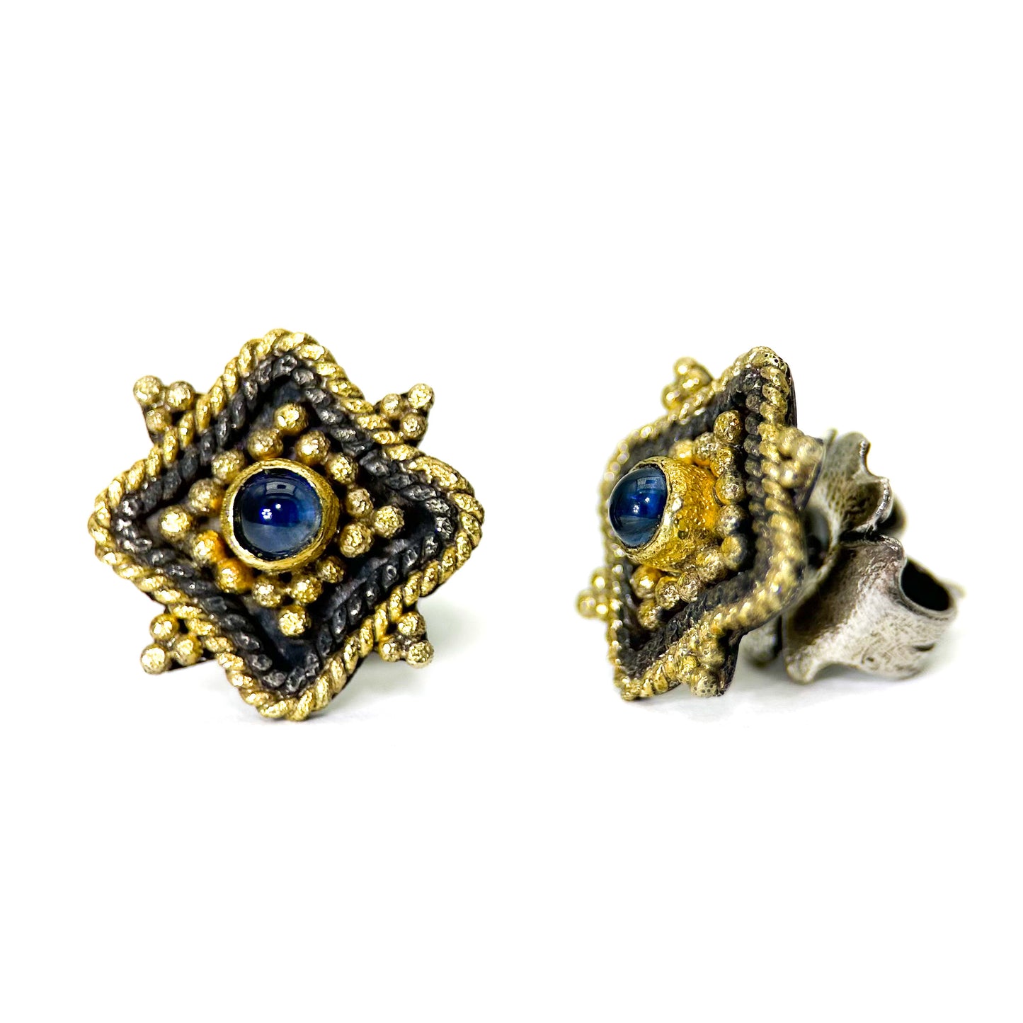 "Tartaria" Stud Earrings (Blue Sapphire, 18k Gold, Oxidized Sterling Silver)