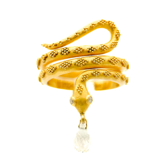 "Coiled Snake" Ring (White Zircon, 22k Gold)
