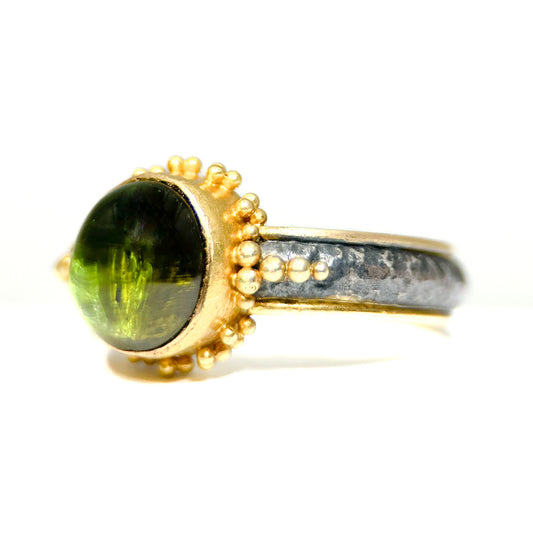 "Khalisi" Ring (Green Cat's Eye Tourmaline, 22k, 18k Gold, Oxidized Sterling Silver)