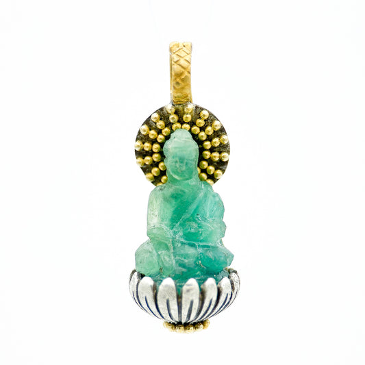 "Buddha Padma" Pendant (Carved Emerald Buddha, 22k, 18k Gold, Sterling Silver)