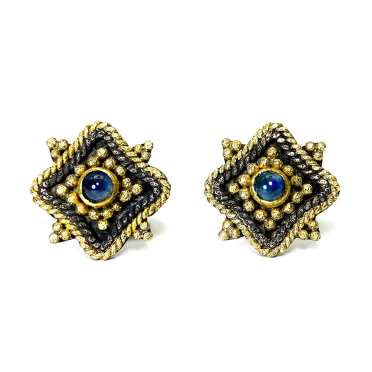 "Tartaria" Stud Earrings (Blue Sapphire, 18k Gold, Oxidized Sterling Silver)