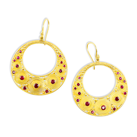 "Spiral Crescent" Hook Earrings (Ruby, 18k, 22k Gold)