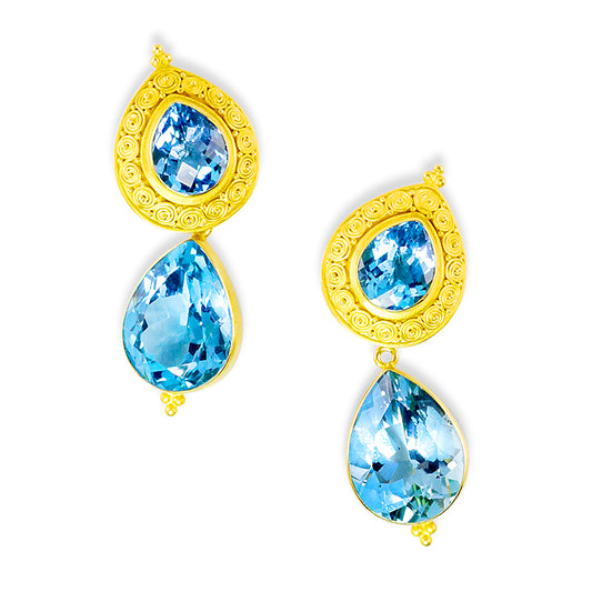 "Susie Spiral" Stud Earrings (Blue Topaz, 22k, 18k Gold)