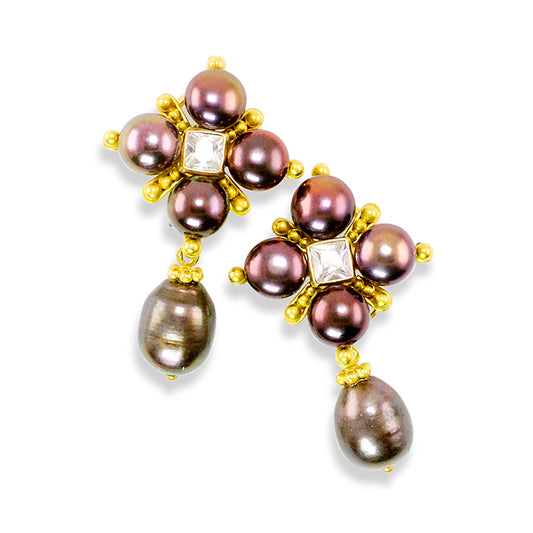 "Orvieto" Button Drop Earrings (Freshwater Pearl, White Zircon, 22k, 18k Gold)