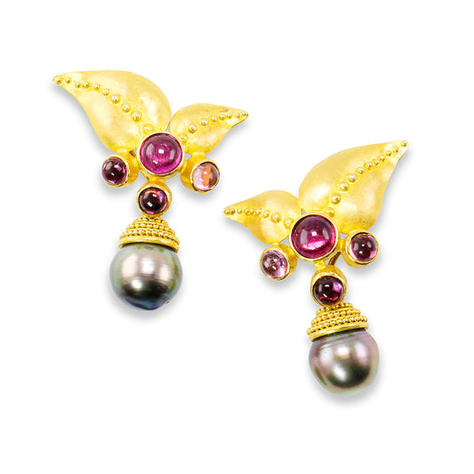 "Leaf Cluster" Stud Drop Earrings (Rubellite Tourmaline, Tahitian Pearl, 22k, 18k Gold)