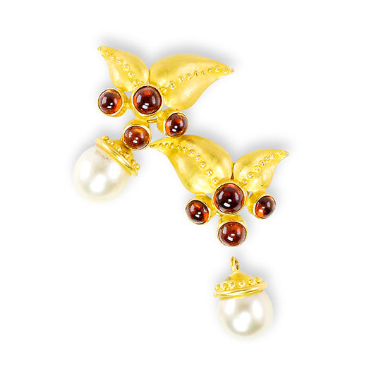 "Leaf Cluster" Stud Drop Earrings (Almandine Garnet, South Sea Pearl, 22k, 18k Gold)