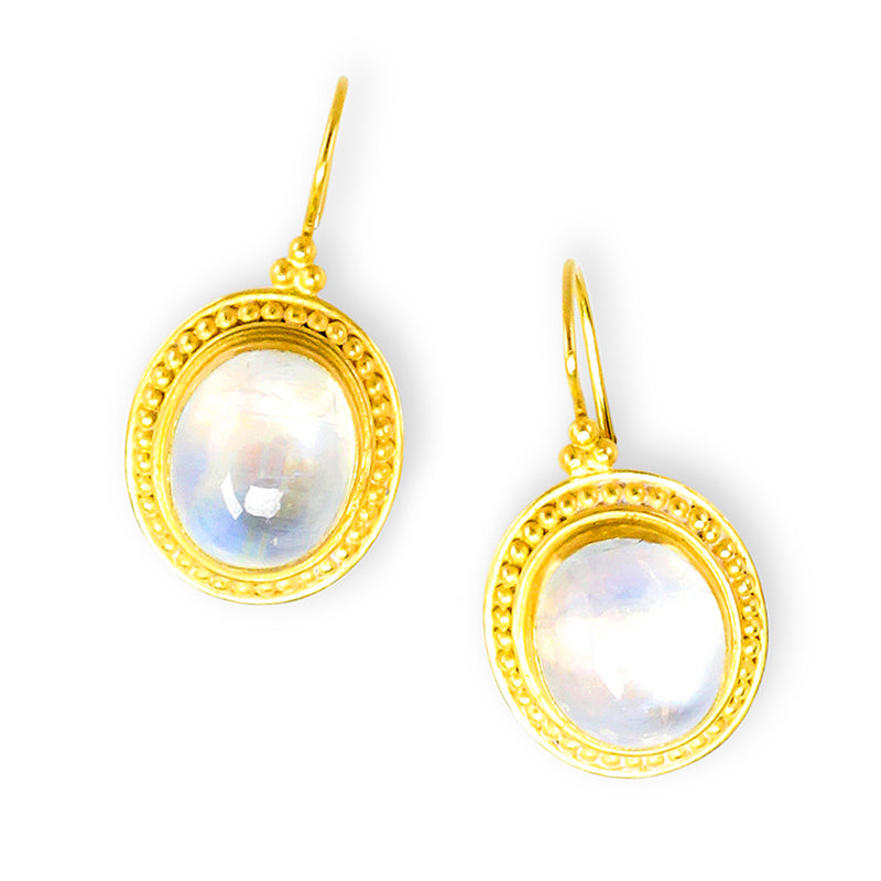 "Asri" Hook Earrings (Rainbow Moonstone, 22k, 18k Gold)