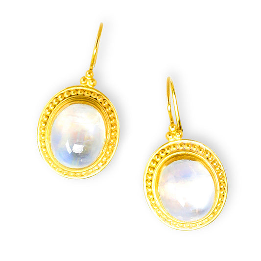 "Asri" Hook Earrings (Rainbow Moonstone, 22k, 18k Gold)
