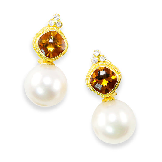 "Karenina" Earrings (Citrine, South Sea Pearl, 22k, 18k Gold)