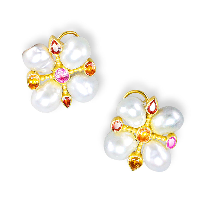"Orvieto" Button Earrings (Keshi South Sea Pearl, Sapphire, 22k, 18k Gold)