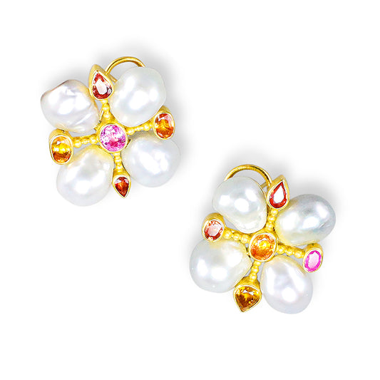 "Orvieto" Button Earrings (Keshi South Sea Pearl, Sapphire, 22k, 18k Gold)