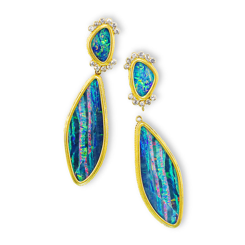 "Neela" Stud Dangle Earrings (Australian Opal, White Sapphire, 22k, 18k Gold)