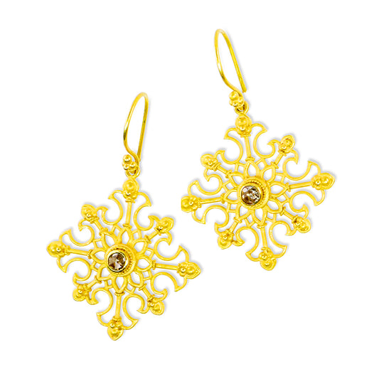 "Snowflake" Hook Dangle Earrings (Champagne Diamond, 18k Gold)