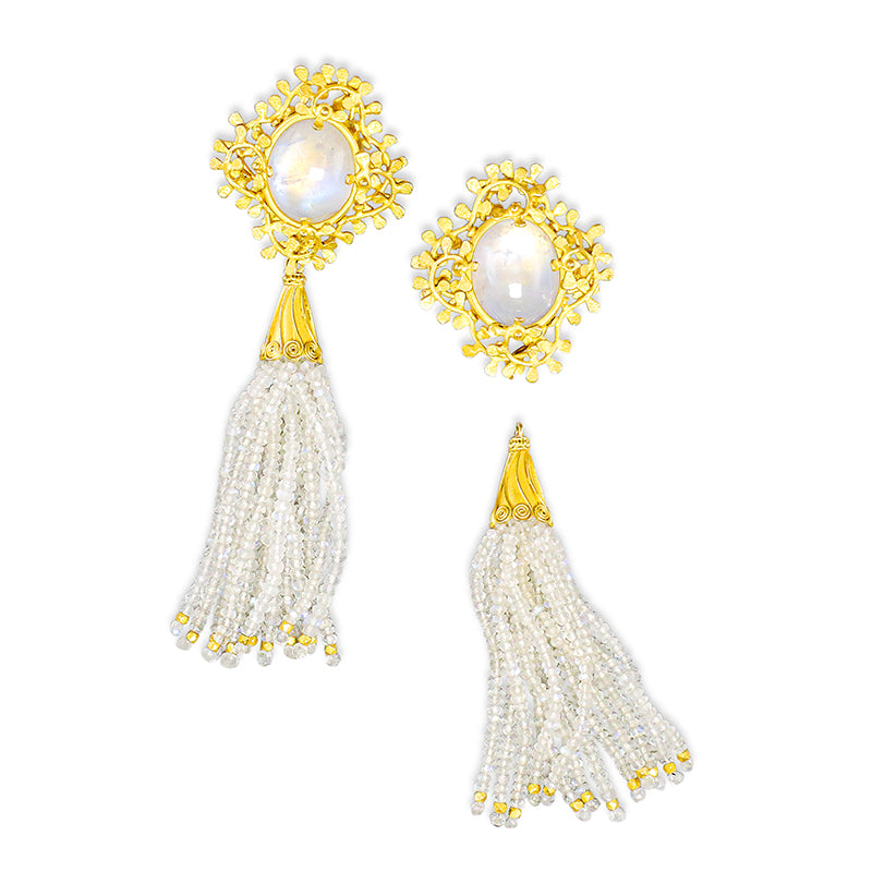 "Cone Flower" Tassel Earring Drops (Moonstone Beads, 22k, 18k Gold)