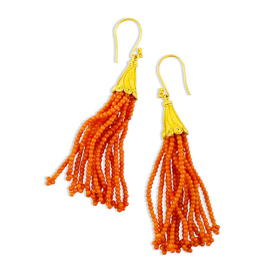 "Spiral Cap" Tassel Dangle Earrings (Italian Coral, 22k, 18k Gold)