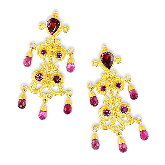 "Sonya" Chandelier Earrings (Rhodolite Garnet, Rubellite Tourmaline, 22k, 18k Gold)