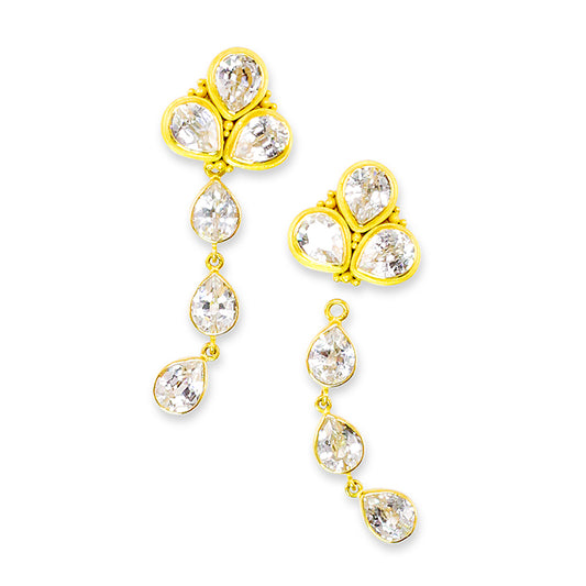 "Hindi" Stud Dangle Earrings (White Cambodian Zircon, 22k, 18k Gold)