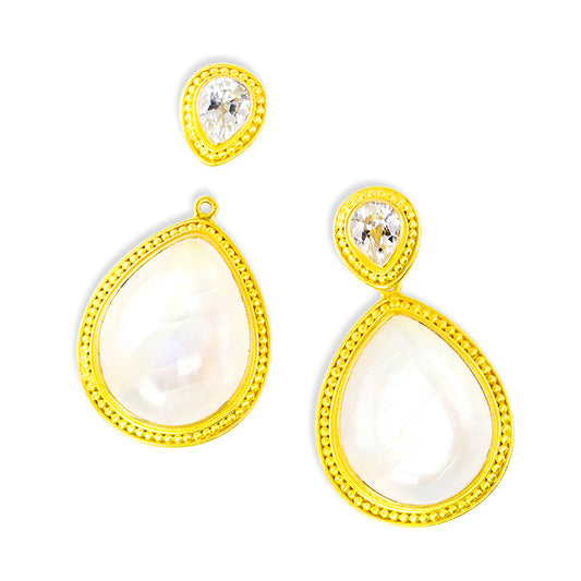 "Sharon" Stud Dangle Earrings (Rainbow Moonstone, White Zircon, 22k, 18k Gold)
