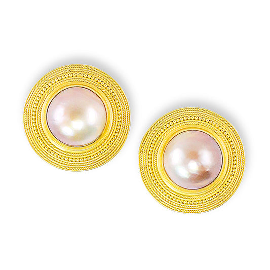 "Gabriella" Button Earrings (Mabe Pearl, 22k, 18k Gold)