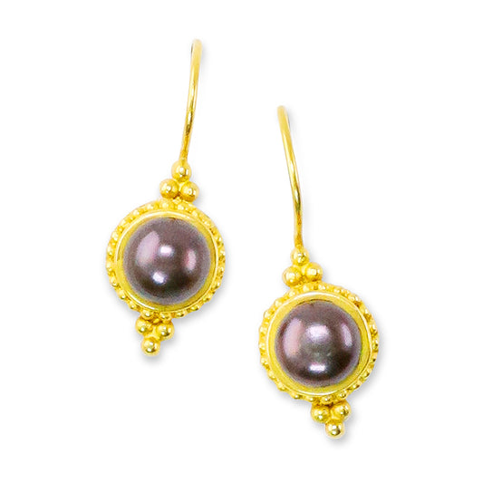 "Ben" Hook Earrings (Aubergine Freshwater Pearl, 18k, 22k Gold)