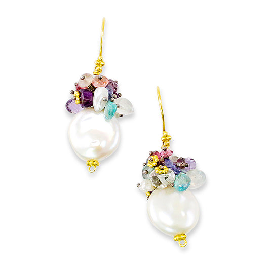 "Fiesta" Hook Dangle Earrings (Freshwater Pearl, Tanzanite, Amethyst, Emerald, Moonstone, Silver, 18k Gold, 22k Gold Vermeil)
