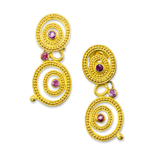 "Dune" Stud Dangle Earrings (Pink Sapphire, 22k, 18k Gold)