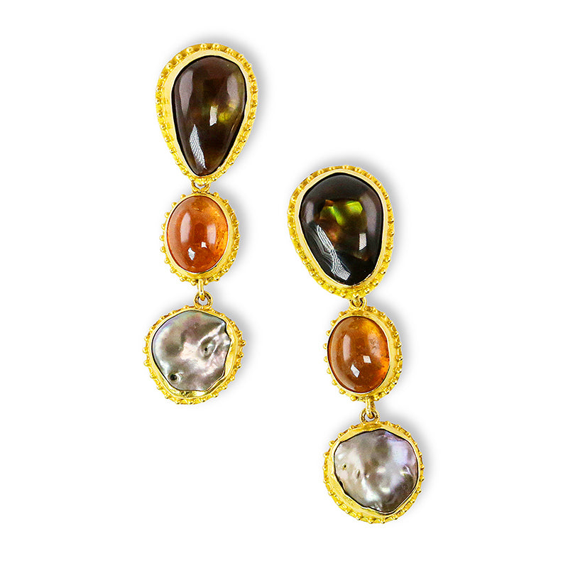 "Autumn Fishnet" Dangle Stud Earrings (Fire Agate, Hessonite Garnet, Keshi Tahitian Pearl, 18k, 22k Gold)
