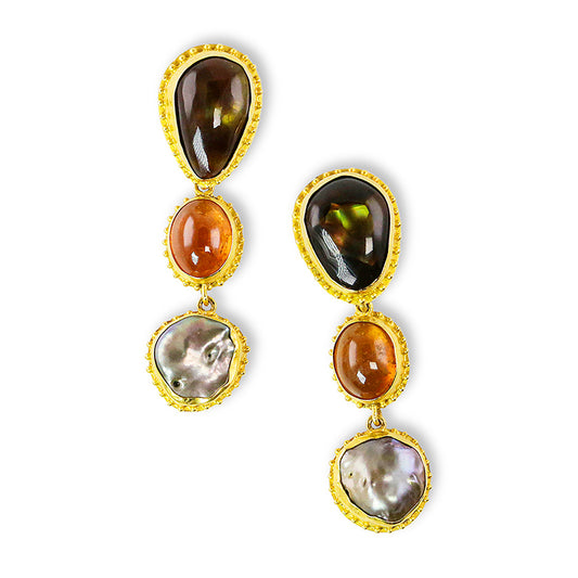 "Autumn Fishnet" Dangle Stud Earrings (Fire Agate, Hessonite Garnet, Keshi Tahitian Pearl, 18k, 22k Gold)