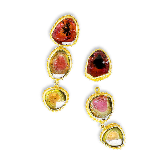 "Watermelon Fishnet" Dangle Stud Earrings (Watermelon Tourmaline, 18k, 22k Gold)