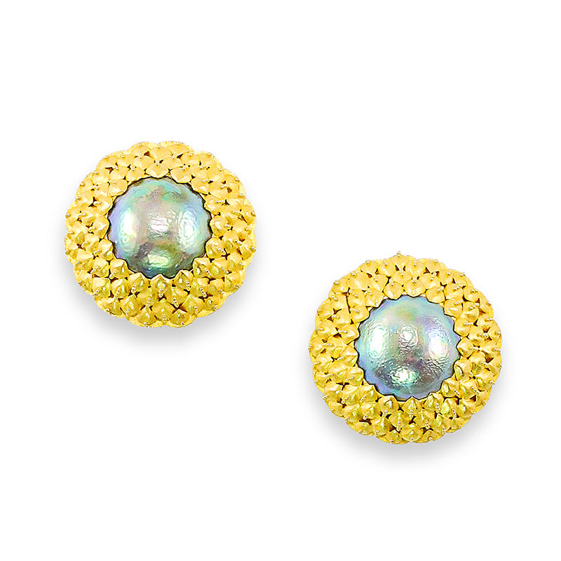 "Artichoke" Button Earrings (Abalone Pearl, 22k, 18k Gold)