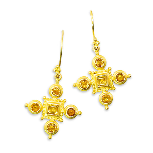 "Flower Cross" Hook Dangle Earrings (Citrine, 22k, 18k Gold)